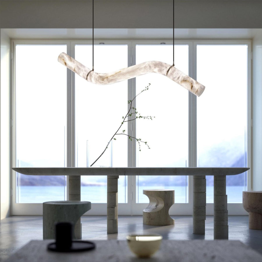 Slender Linear Brass and Alabaster Chandelier