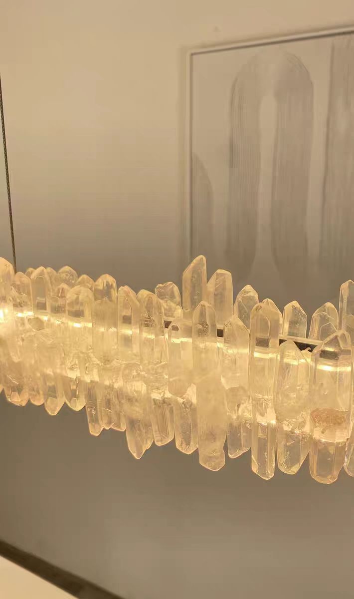 Slender Linear Natural Crystal and Metal Chandelier
