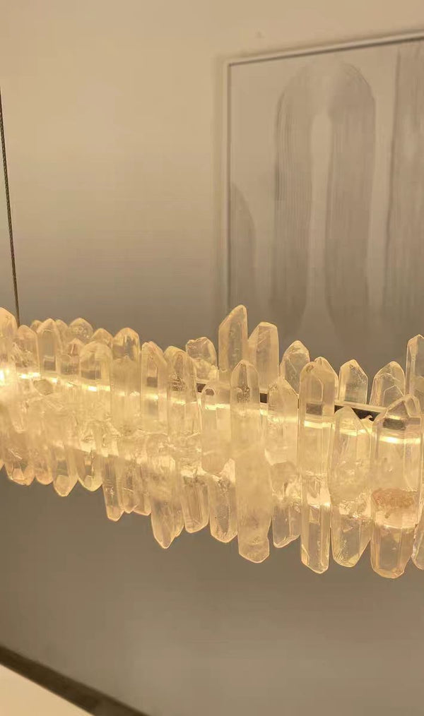 Slender Linear Natural Crystal and Metal Chandelier