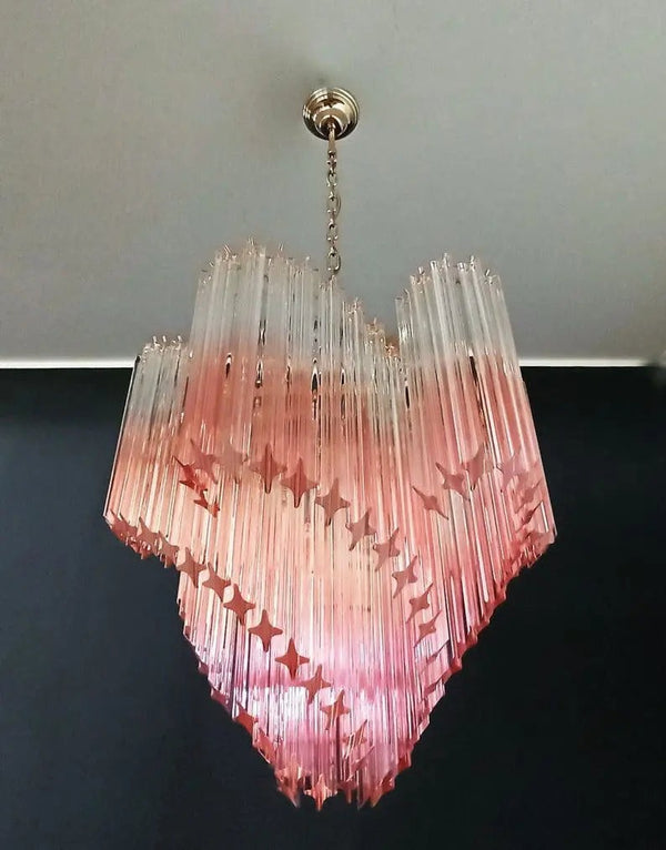 Slender Pink Glass Drop Iron and Brass Chandelier