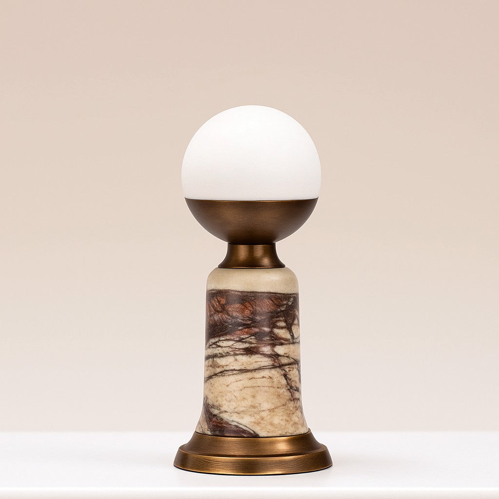 Slender Red Marble Column Table Lamp with Opaline Glass Shade