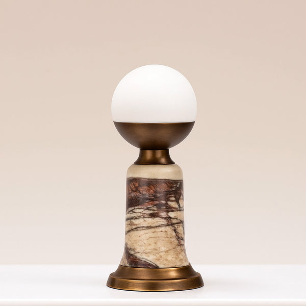 Slender Red Marble Column Table Lamp with Opaline Glass Shade