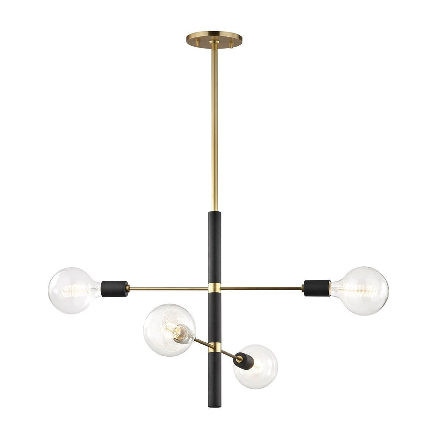 Slim Aged Brass and Black Metal Linear Chandelier