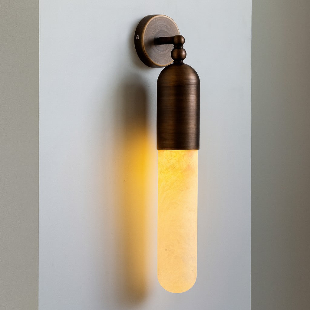 Slim Alabaster Tube Wall Sconce with Brass Backplate
