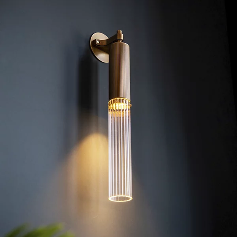 Slim Bowed Brass Arm Reeded Glass Wall Sconce