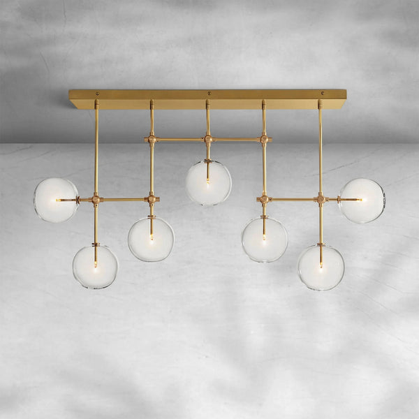 Slim Brass Linear Chandelier with Clear Glass Globes