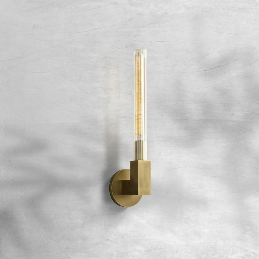 Slim Brass Wall Sconce with Prismatic Glass Hurricane