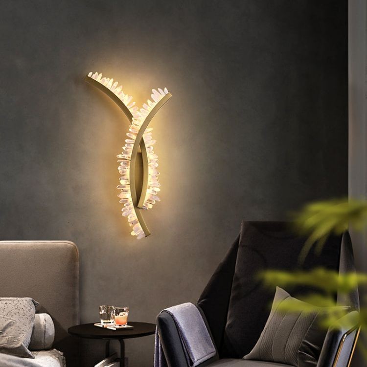 Slim Brushed Gold Rock Crystal Cluster Wall Sconce