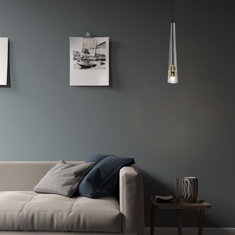 Slim Clear Glass Column Pendant with Bronze Hardware