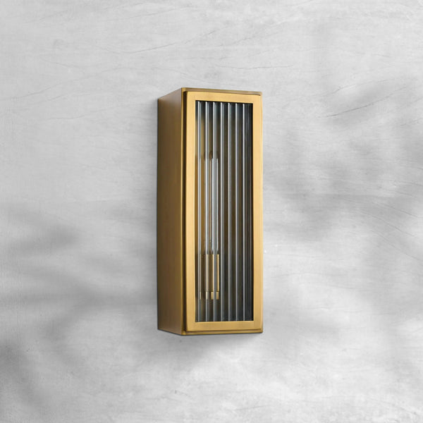 Slim Fluted Glass and Brass Outdoor Wall Sconce