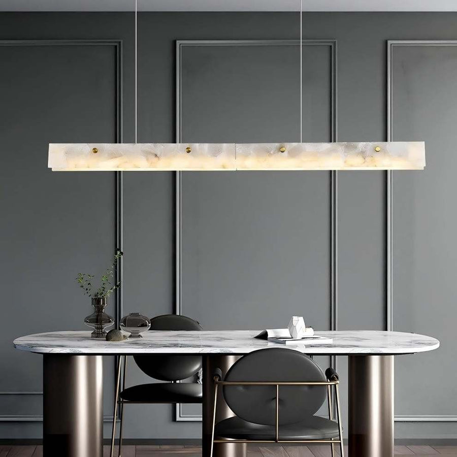 Slim Linear Alabaster and Black Steel Chandelier