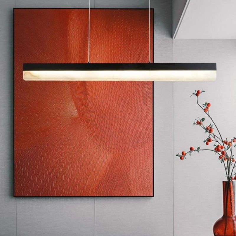 Slim Linear Alabaster and Iron Chandelier