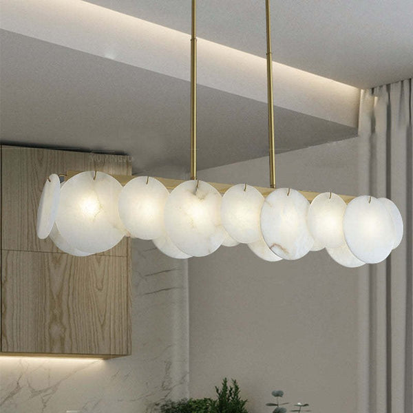 Slim Linear Alabaster Panel and Brass Chandelier
