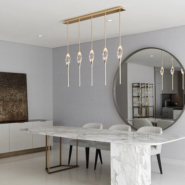 Slim Linear Brass and Crystal Chandelier