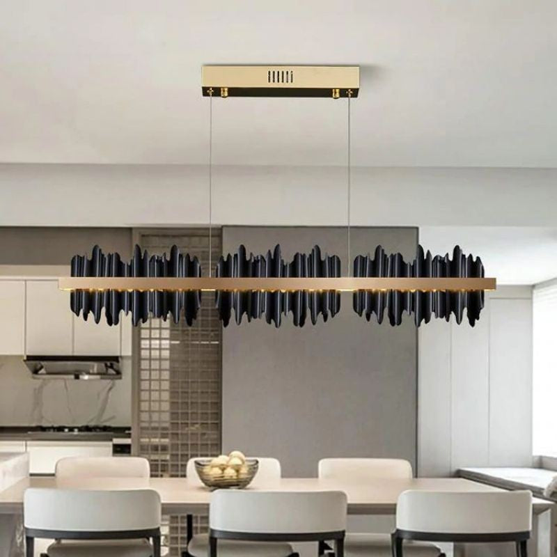 Slim Linear Polished Steel and Copper Chandelier