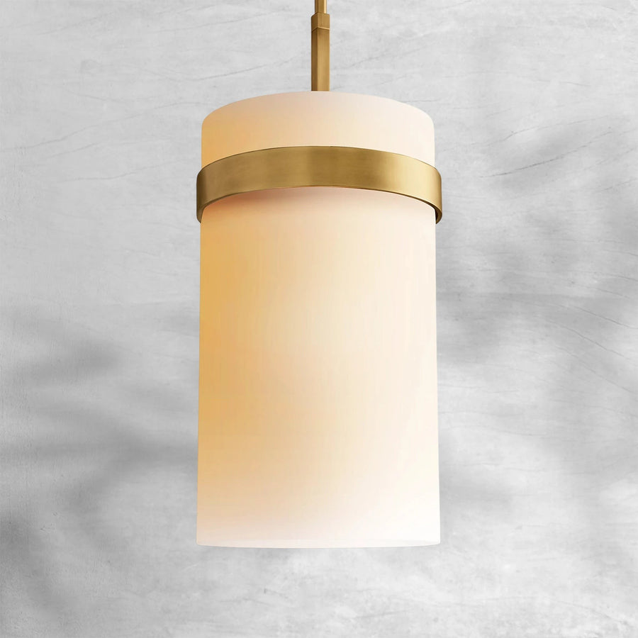 Slim Milk Glass Cylinder Pendant with Brass Frame