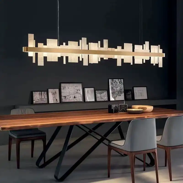 Slim Oval Alabaster and Brass Linear Chandelier