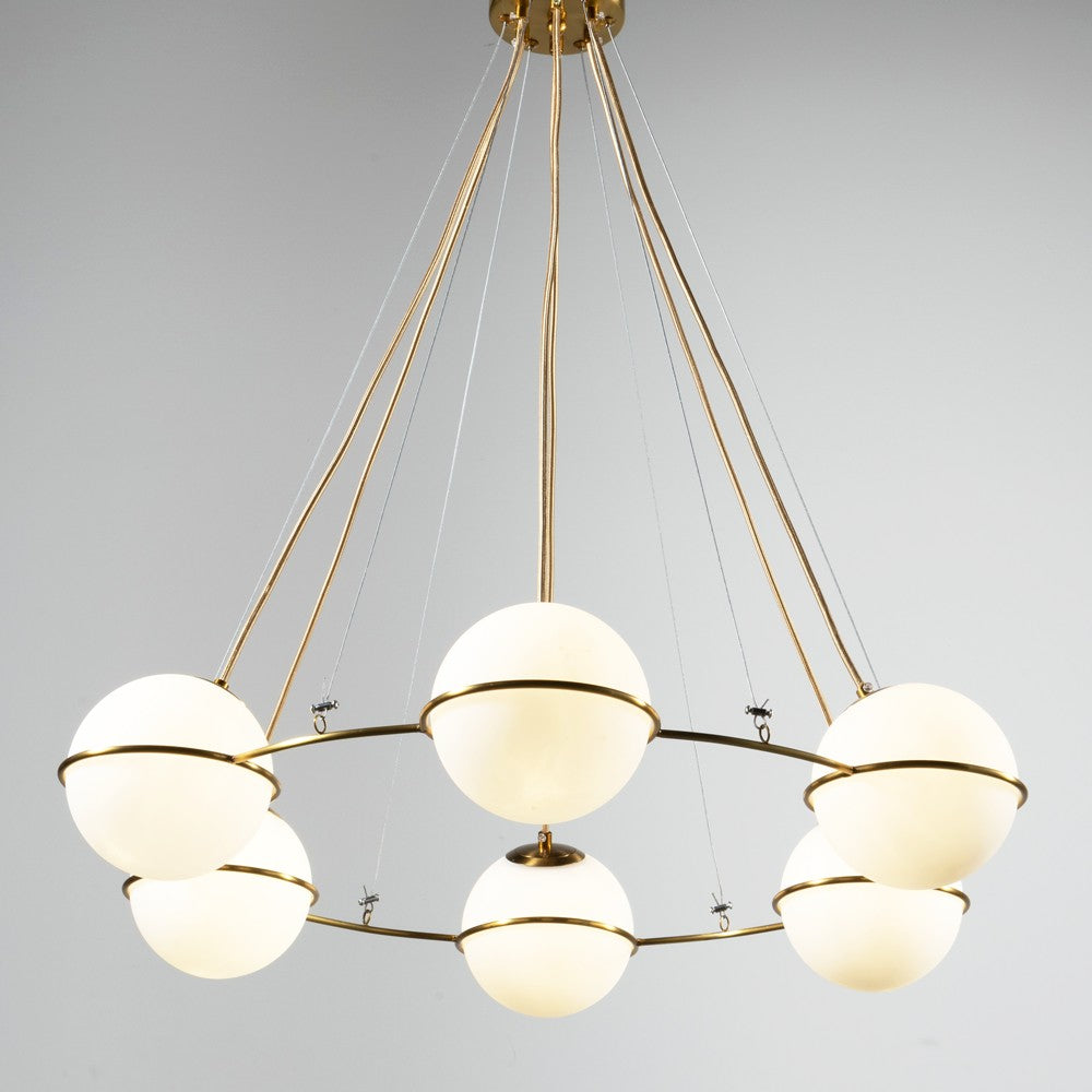 Slim Satin Brass Frame Milk Glass Globe Chandelier