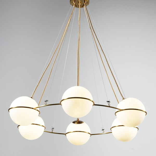 Slim Satin Brass Frame Milk Glass Globe Chandelier