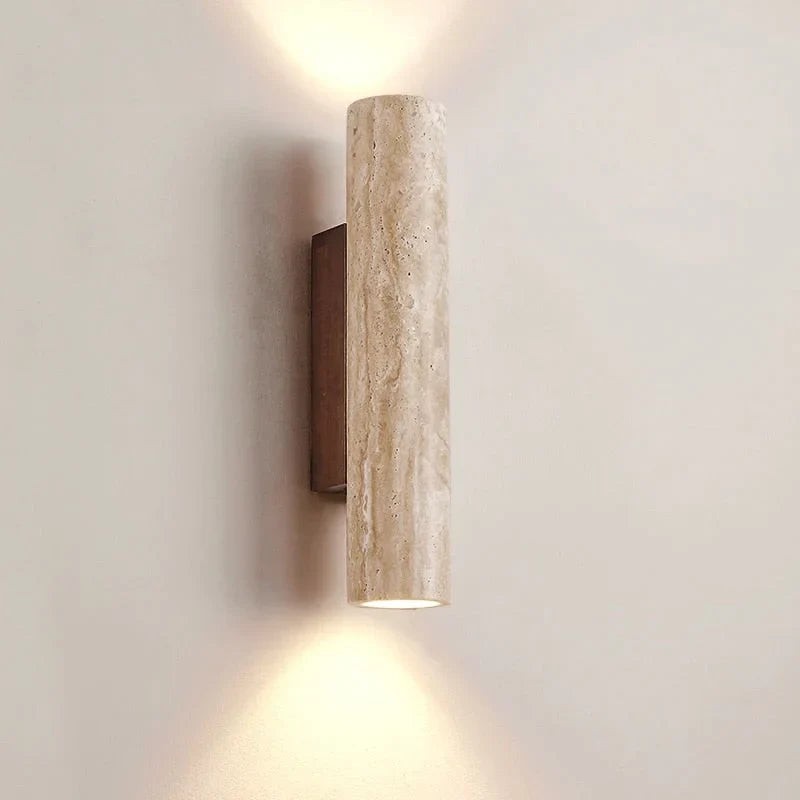 Slim Travertine Cylinder Wall Sconce on Wood Backplate