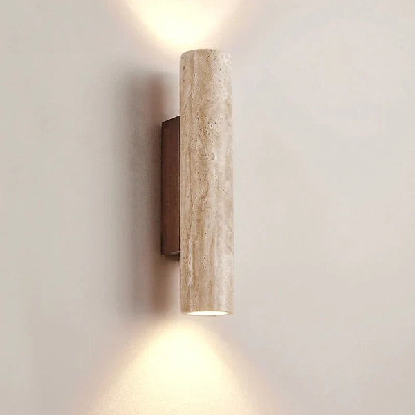 Slim Travertine Cylinder Wall Sconce on Wood Backplate