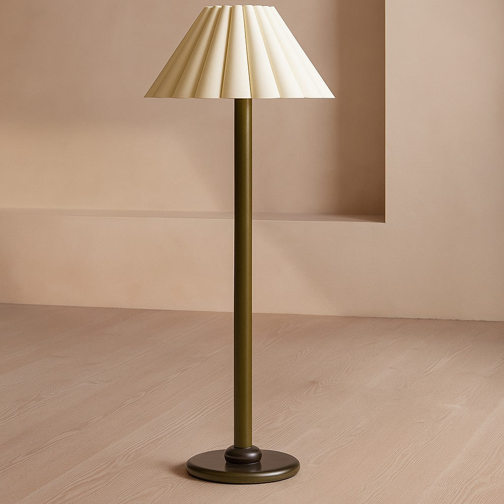 Slim Wooden Stem Pleated Drum Shade Floor Lamp