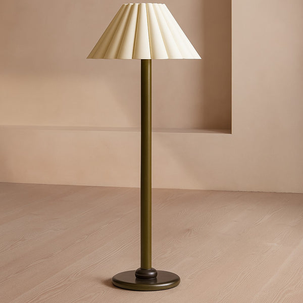 Slim Wooden Stem Pleated Drum Shade Floor Lamp