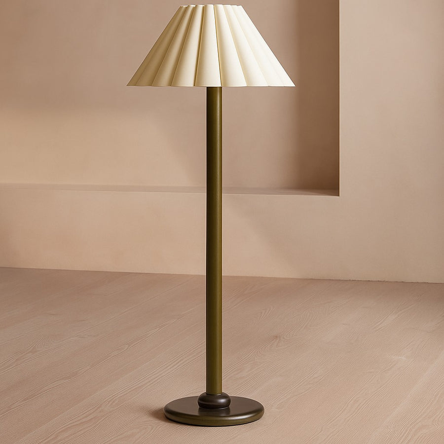 Slim Wooden Stem Pleated Drum Shade Floor Lamp