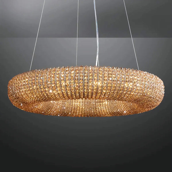 Smoked Amber Crystal Bead and Brass Ring Chandelier