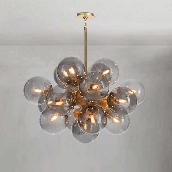 Smoked Glass Globe Cluster Brass Chandelier