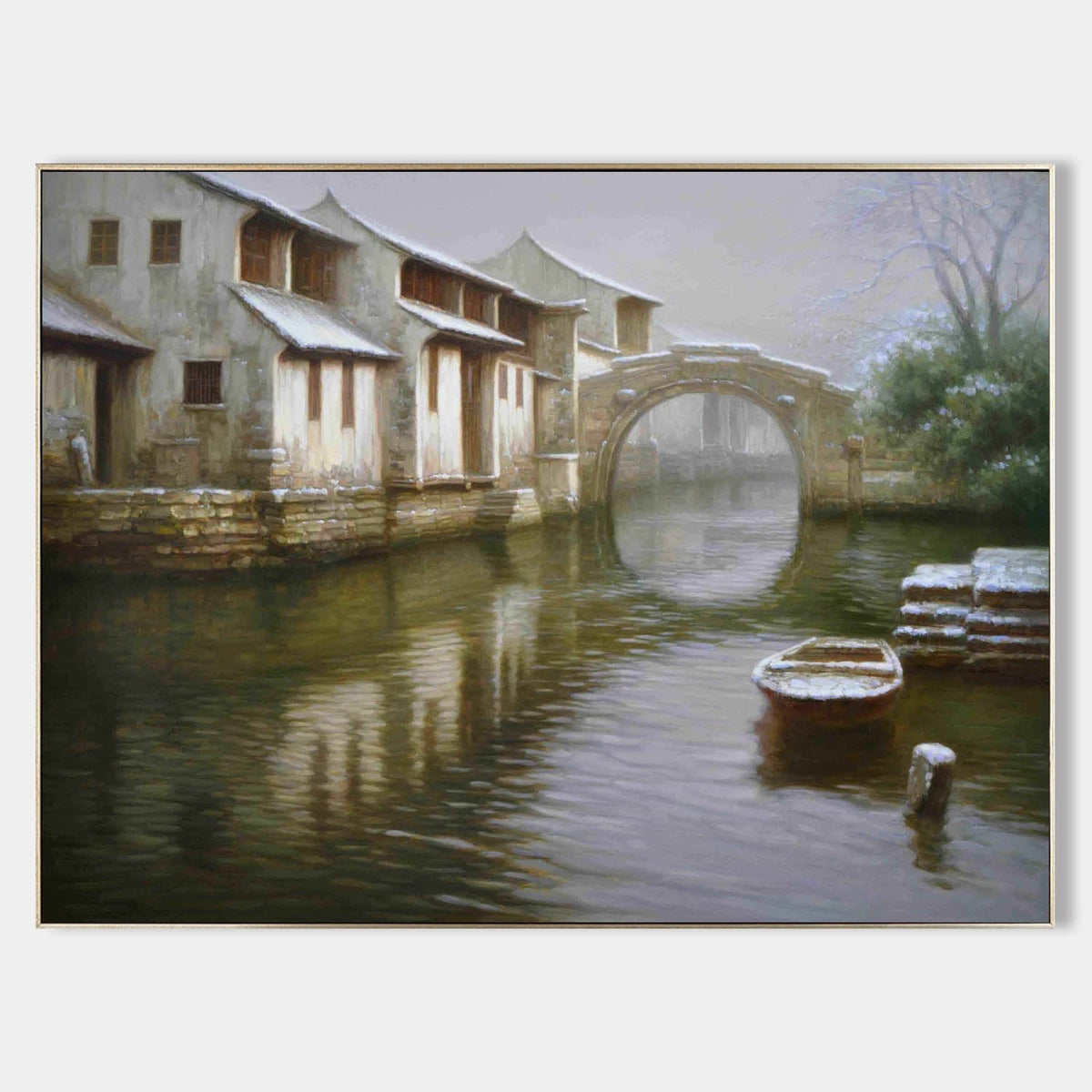 Snowy Canal with Stone Arch Bridge