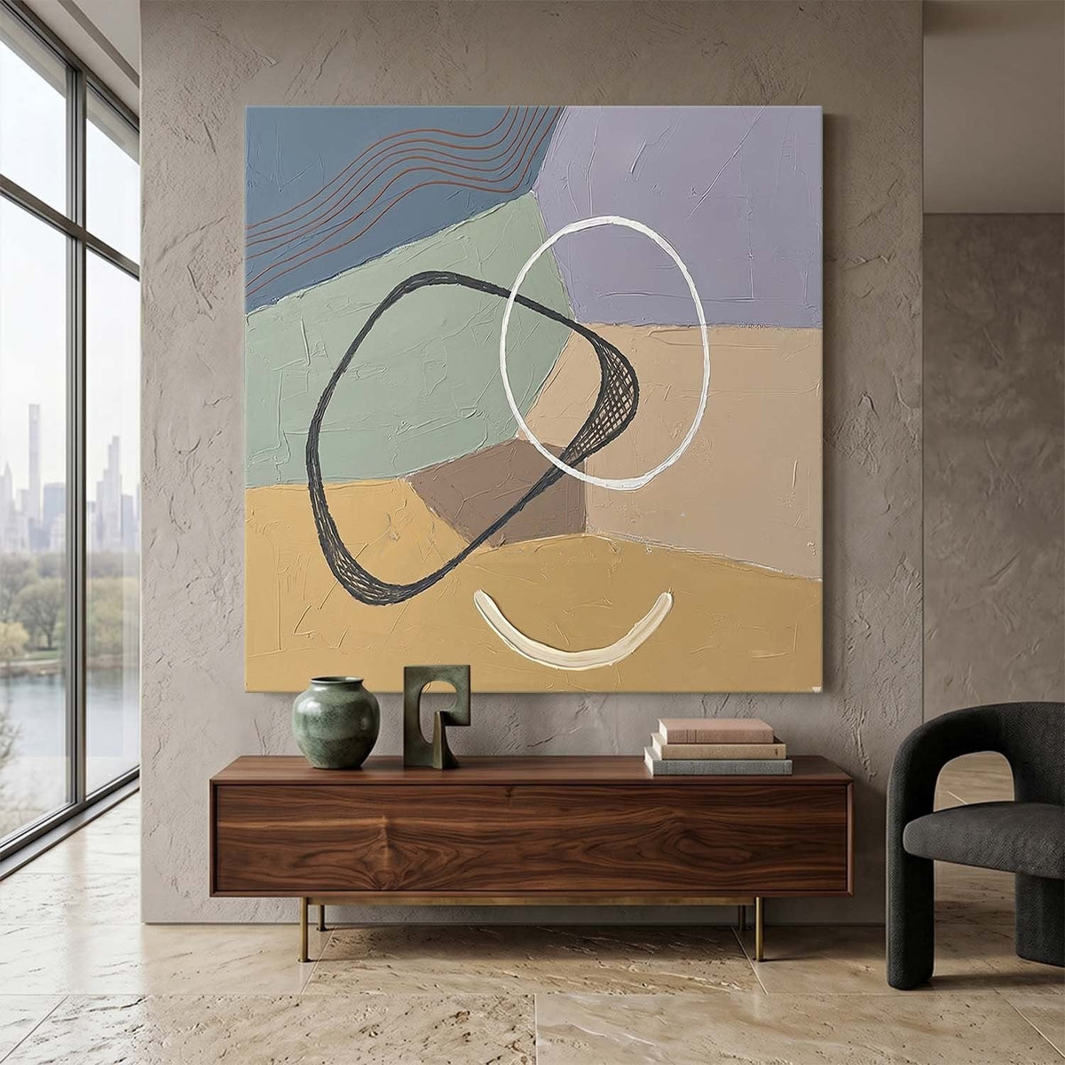 Formas en tonos pastel suaves con bucles dibujados