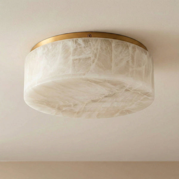 Solid Alabaster Drum Flush Mount with Brass Ring