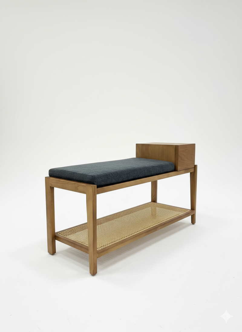 Solid Wood Entryway Bench with Storage – Modern Minimalist Style - Solid Wood - Natural Rattan