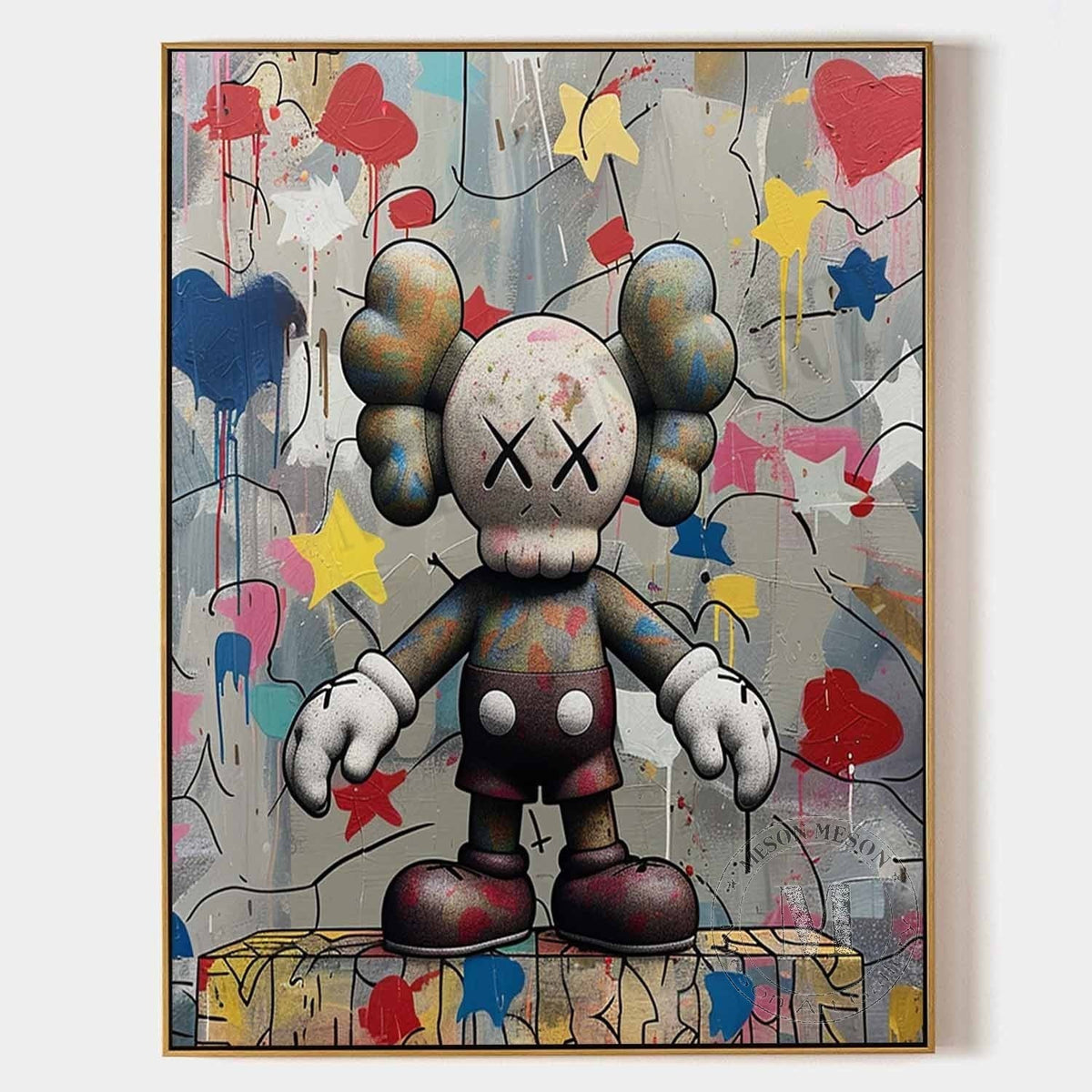 Speckled Cartoon Figure Among Painted Hearts
