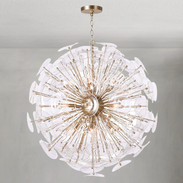Spherical Brass Rod Chandelier with Rippled Glass Discs