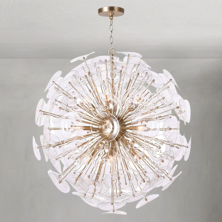 Spherical Brass Rod Chandelier with Rippled Glass Discs