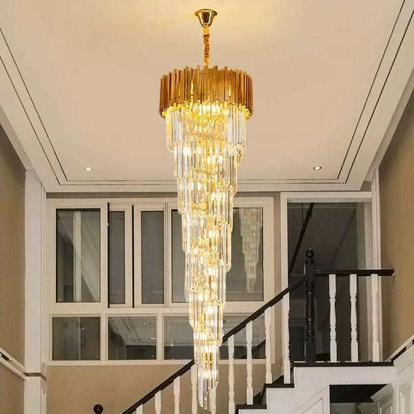 Spiral Crystal and Gold Brass Tiered Chandelier