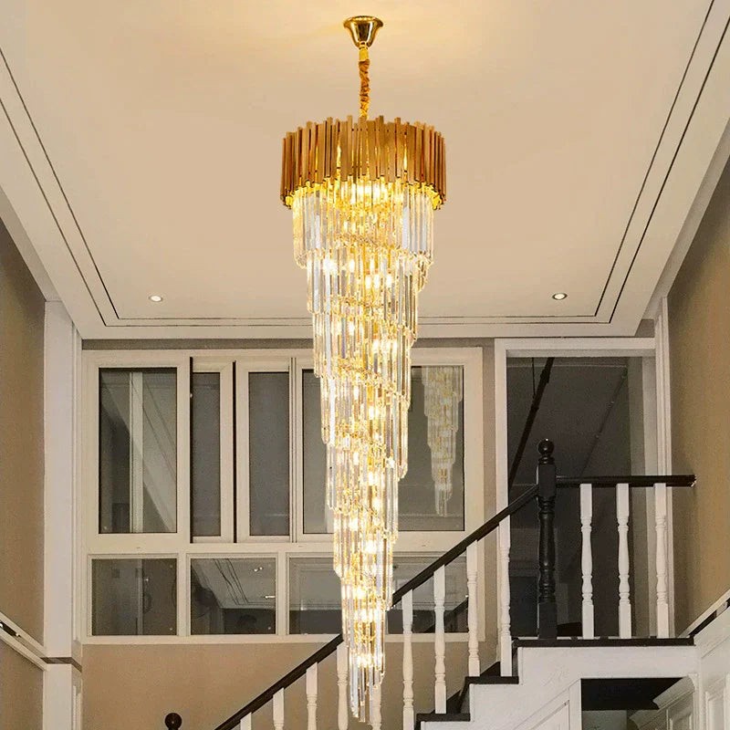 Spiral Crystal and Gold Brass Tiered Chandelier
