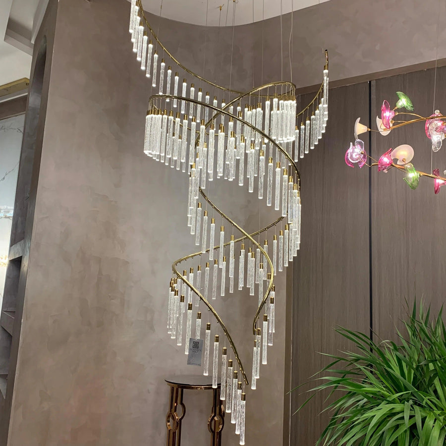 Spiral Crystal Rod and Bubble Chandelier