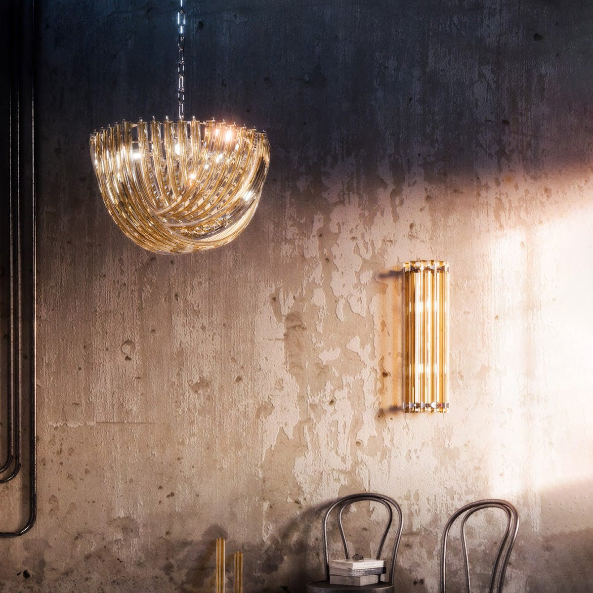 Spiral Ribbon Amber and Clear Glass Hemisphere Chandelier