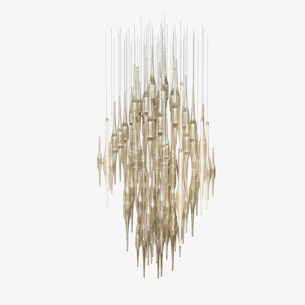 Spiraling Amber Glass Drop Cascade Chandelier