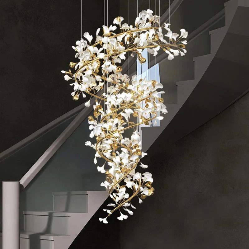 Spiraling Copper Branch Ceramic Ginkgo Leaf Chandelier