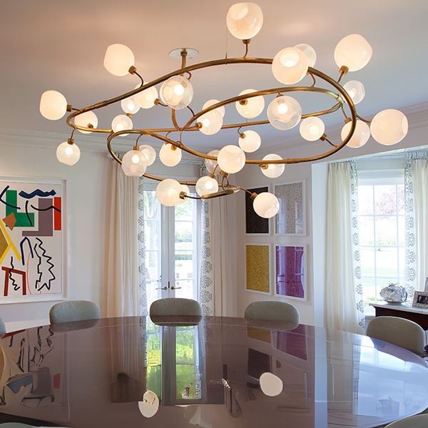Spiraling Glass Globe Brass Branch Chandelier