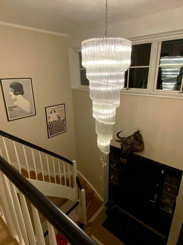 Spiraling Glass Prism Brass Chandelier