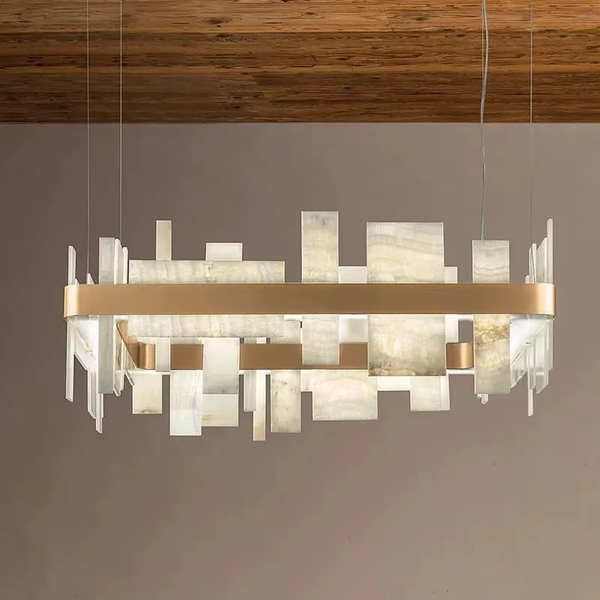 Square Alabaster and Metal Frame Chandelier