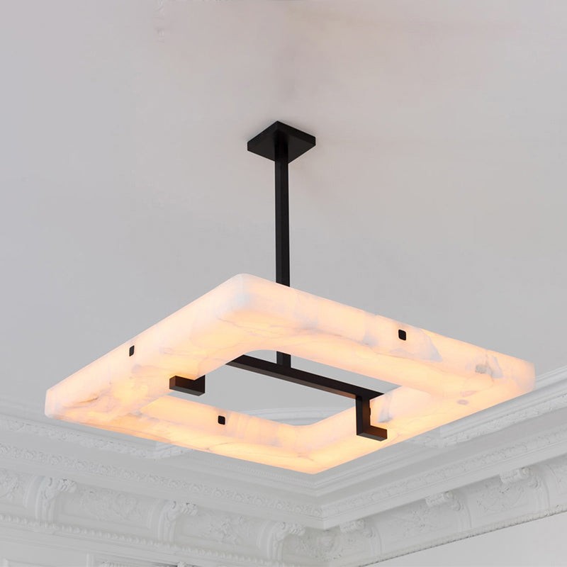 Square Alabaster Panel Black Metal Chandelier