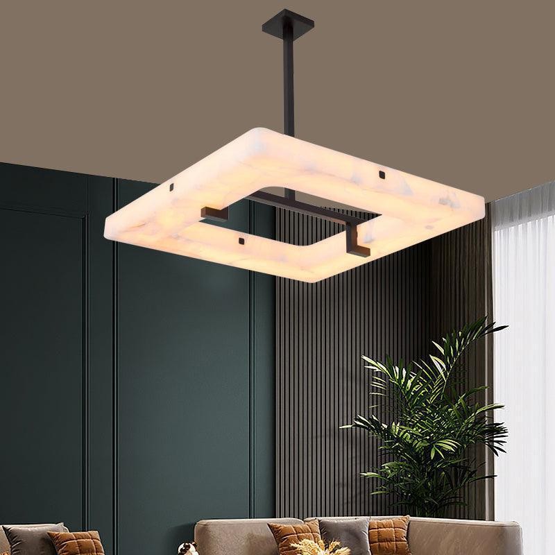 Square Alabaster Panel Chandelier with Black Metal Frame