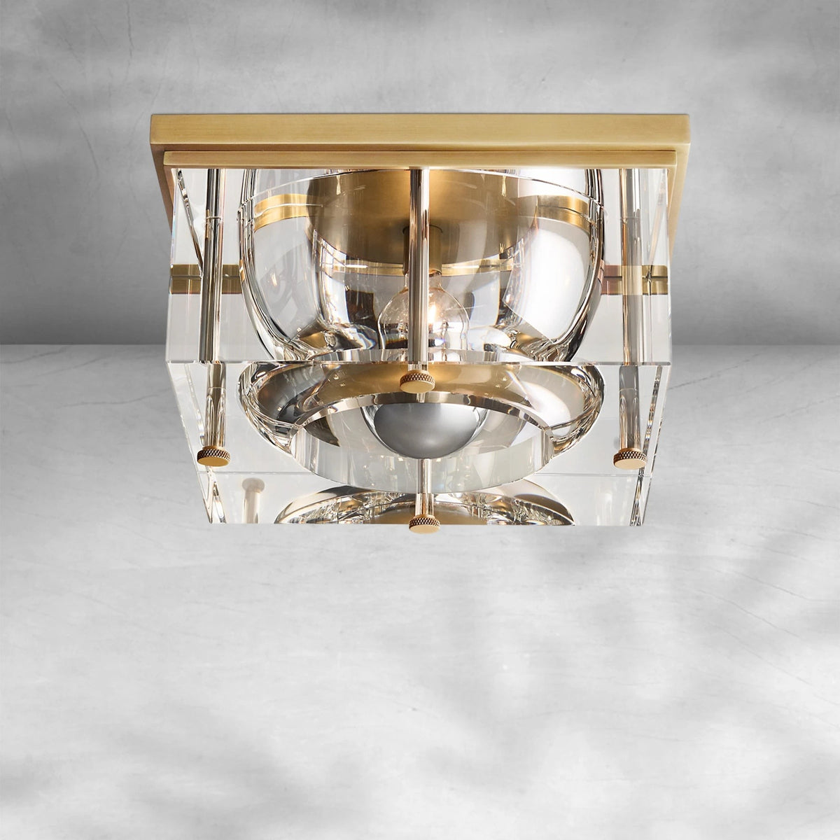 Square Crystal Block and Sand-Cast Brass Flush Mount