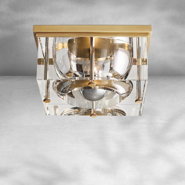 Square Crystal Block and Sand-Cast Brass Flush Mount